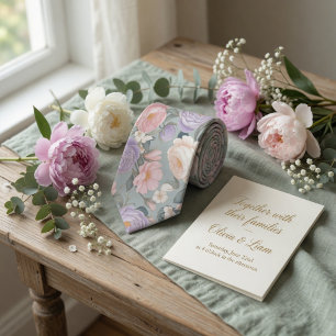 Soft Sage Green Floral Pastel Peony Rose Neck Tie