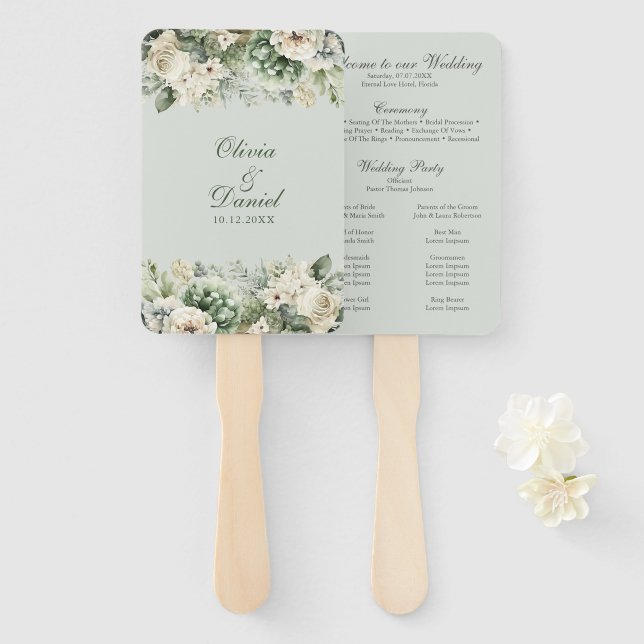 Soft Sage Green Floral Wedding Program Hand Fan (Front and Back)