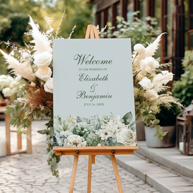 Soft Sage Green Floral Wedding Welcome Sign (Soft Sage Green Floral Wedding Welcome Sign in front of the door with white flower arrangement)