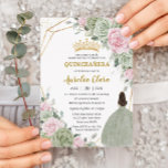 Soft Sage Green Pink Floral Gold Quinceañera Invitation<br><div class="desc">This chic Quinceañera invitation features a silver glitter geometric frame adorned by delicate watercolor sage green, pale pink floral, soft sage greenery and a girl in a lovely sage green dress. Personalize it with your details easily and quickly, simply press the customise it button to further re-arrange and format the...</div>