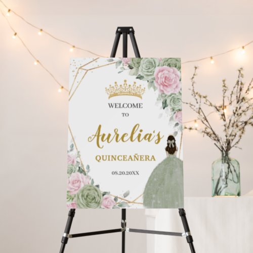 Soft Sage Green Pink Floral Quinceaera Welcome Foam Board
