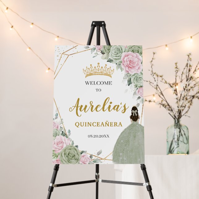 Soft Sage Green Pink Floral Quinceañera Welcome Foam Board (In Situ (Stand))