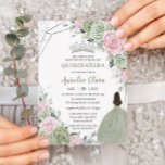 Soft Sage Green Pink Floral Silver Quinceañera Invitation<br><div class="desc">This chic Quinceañera invitation features a silver glitter geometric frame adorned by delicate watercolor sage green, pale pink floral, soft sage greenery and a girl in a lovely sage green dress. Personalize it with your details easily and quickly, simply press the customise it button to further re-arrange and format the...</div>