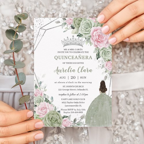Soft Sage Green Pink Floral Silver Quinceaera Invitation
