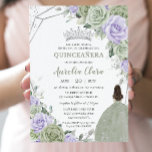 Soft Sage Green Purple Floral Silver Quinceañera Invitation<br><div class="desc">This chic Quinceañera invitation features a silver glitter geometric frame adorned by delicate watercolor sage green, lavender purple floral, soft sage greenery and a girl in a lovely sage green dress. Personalize it with your details easily and quickly, simply press the customise it button to further re-arrange and format the...</div>