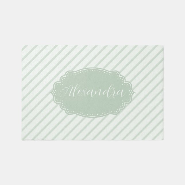 Soft Sage Green Stripes Custom Name Nursery Rug (Front)
