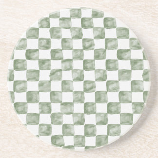 Soft Sage Green Watercolor Checkerboard Coaster