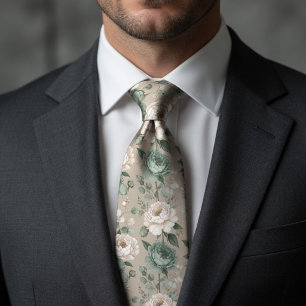 Soft Sage Green & White Floral  Neck Tie