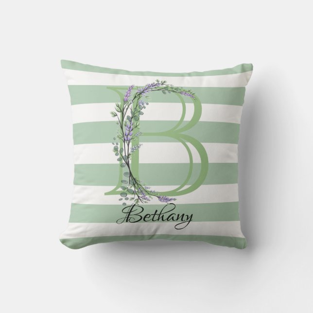 Soft sage green white strips letter B Outdoor Pillow (Front)