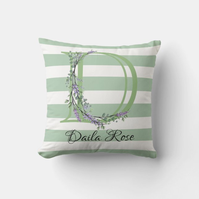 Soft sage green white strips letter D Outdoor Pillow (Front)
