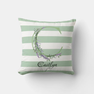 Soft sage green white strips monogram botanical outdoor pillow