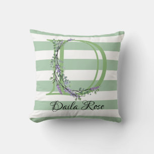 Soft sage green white strips monogram throw pillow