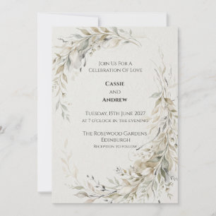 Soft Sage Ivory Leaf Wreath Wedding Invitation