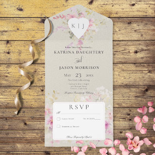 Soft Sage Romantic Heart Vintage Floral No Dinner All In One Invitation