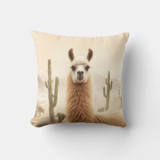Soft Sand Llama with Cactus Flow Throw Pillow