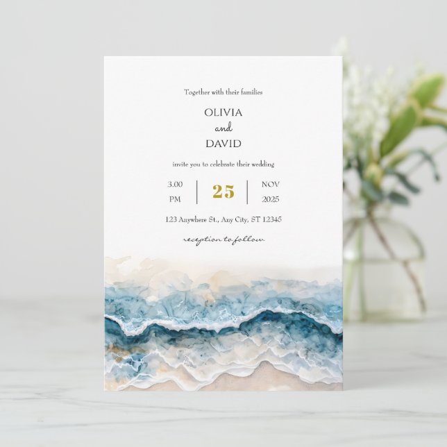 Soft Sandy Beach Blue Waves Watercolor Art Wedding Invitation (Standing Front)