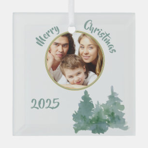 Soft Sea Green Photo Christmas Card Glass Ornament