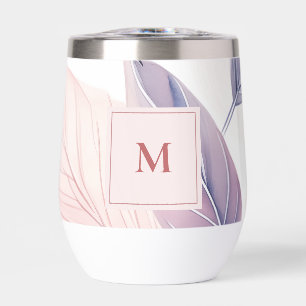 Soft Serenity Watercolor Leaves Custom Monogram Thermal Wine Tumbler
