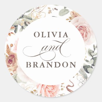 Soft Shades Floral Elegant Wedding Classic Round Sticker by lovelywow at Zazzle