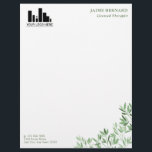 Soft Shades of Green Greenery Your Logo Letterhead<br><div class="desc">Greenery letterhead personalized with your logo, name, title, and contact information in elegant green letters. At the bottom right corner a gathering of leafy twigs in soft green hues for a calming look or nurturing look. Personalized letterhead printed with your name, title, address, and logo. Write your correspondence on this...</div>