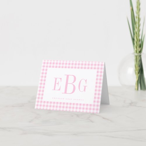 Soft Shell Pink Gingham Three Letter Monogram Note Thank You Card