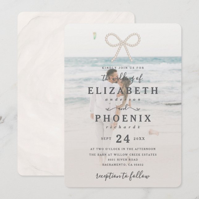 Soft Simple Pearl Bow Custom Photo Elegant Wedding Invitation (Front/Back)
