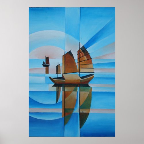 Soft Skies Cerulean Seas and Cubist Junks Poster