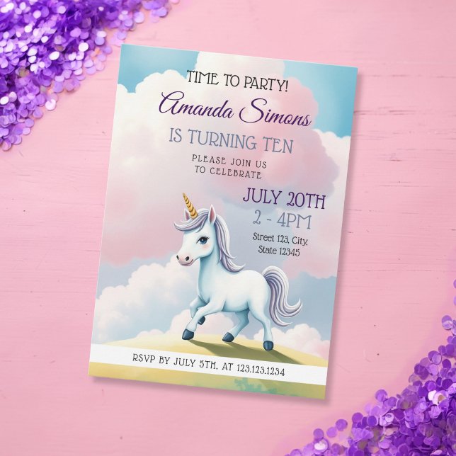 Soft Sky Unicorn Whimsical Girl 10th Birthday Invitation (Creator Uploaded)