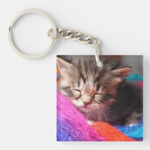 Soft Sleepy Newborn Kitten Phototgraph Keychain