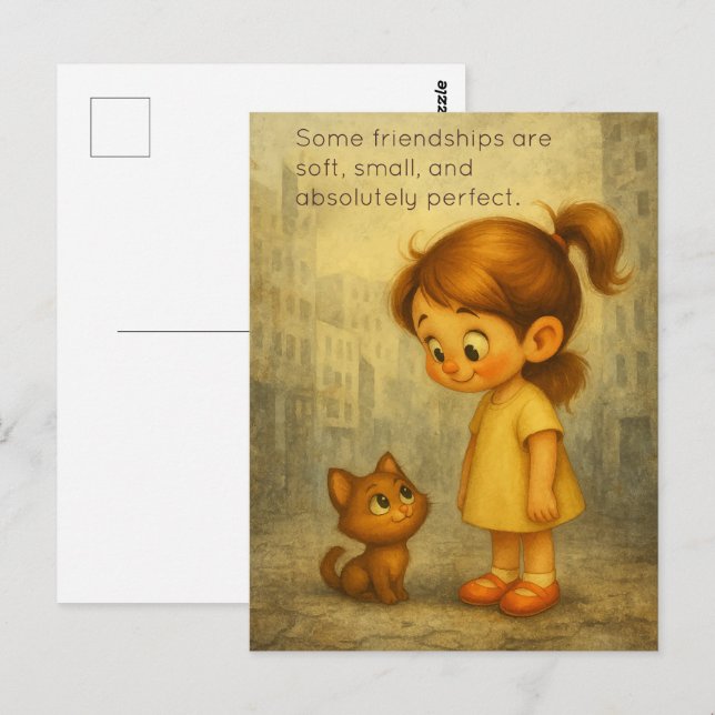 Soft & Small Friendships – Cute Girl and Cat Postcard (Front/Back)