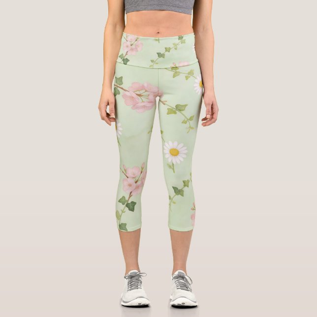 Soft Spring Blossom & Daisy Patterned Leggings (Front)