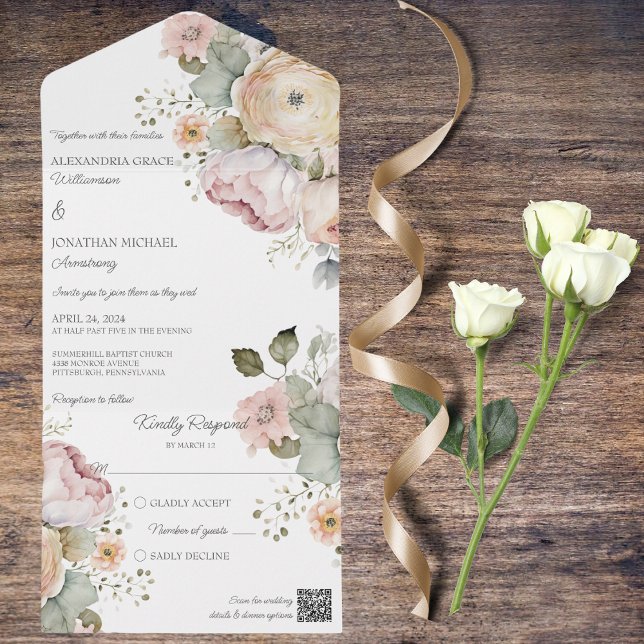 Soft Spring Colors Floral All In One Invitation (Also available without QR code.)