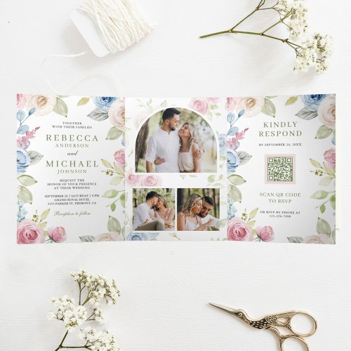 Soft Spring Floral All in One QR Code Wedding Tri_Fold Invitation