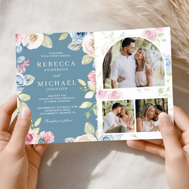 Soft Spring Floral Dusty Blue QR Code Wedding Invitation (Creator Uploaded)