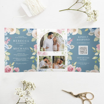 Soft Spring Floral Dusty Blue Qr Code Wedding Tri-fold Invitation by ShabzDesigns at Zazzle