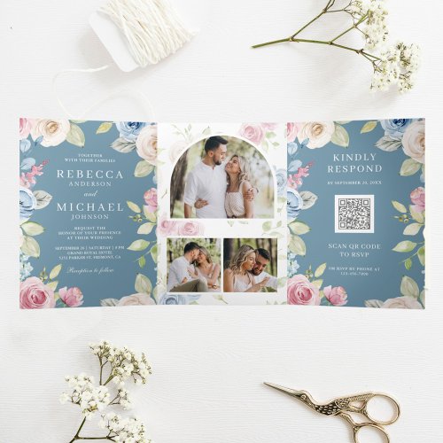 Soft Spring Floral Dusty Blue QR Code Wedding Tri_Fold Invitation