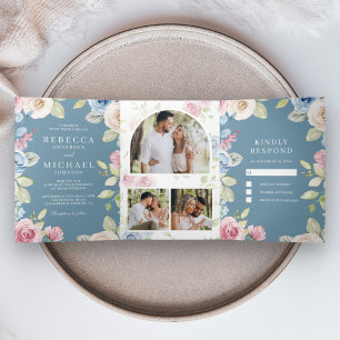 Soft Spring Floral Dusty Blue Wedding Tri-Fold Invitation