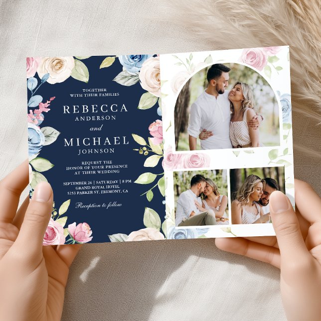 Soft Spring Floral Navy Blue QR Code Wedding Invitation (Creator Uploaded)
