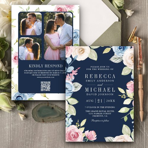 Soft Spring Floral Navy Blue QR Code Wedding Invitation