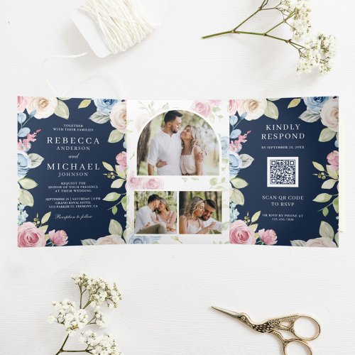 Soft Spring Floral Navy Blue QR Code Wedding Tri_Fold Invitation