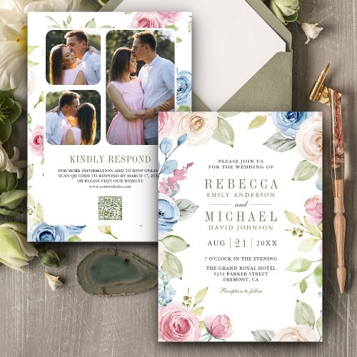 Soft Spring Floral Photo Collage QR Code Wedding Invitation