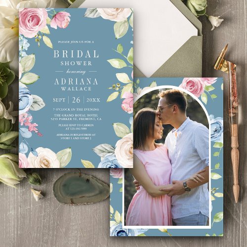 Soft Spring Floral Photo Dusty Blue Bridal Shower Invitation