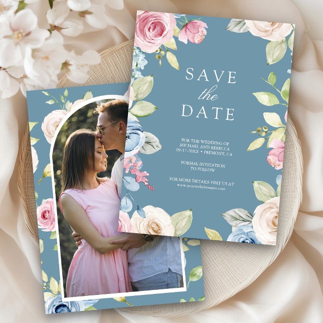 Soft Spring Floral Photo Dusty Blue Wedding Save The Date (Creator Uploaded)