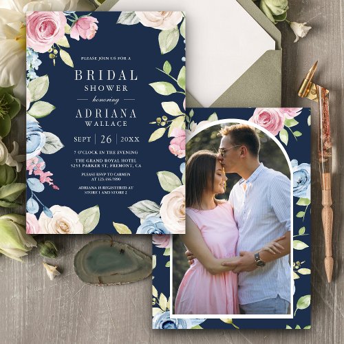 Soft Spring Floral Photo Navy Blue Bridal Shower Invitation