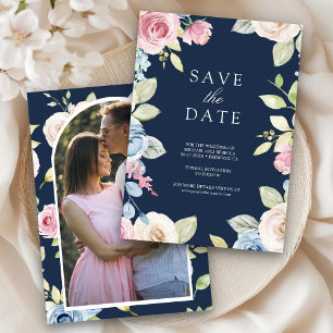 Soft Spring Floral Photo Navy Blue Wedding Save The Date
