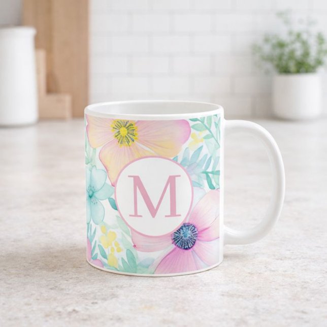 Soft Spring Floral Watercolor Monogram Coffee Mug (Creator Uploaded)