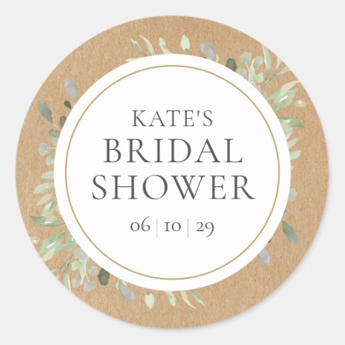 Soft Spring Leaves Rustic Kraft Bridal Shower Classic Round Sticker