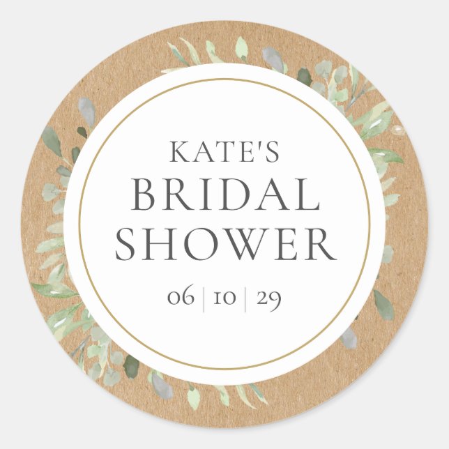 Soft Spring Leaves Rustic Kraft Bridal Shower Classic Round Sticker (Front)