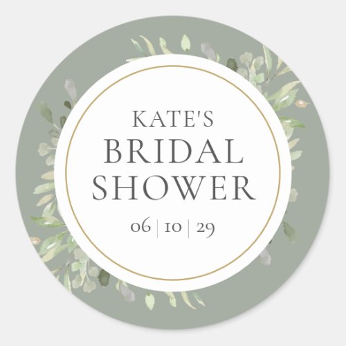 Soft Spring Leaves Silver Sage Bridal Shower Classic Round Sticker - Designed to coordinate with our Soft Spring Leaves bridal shower collection. Featuring delicate watercolour leaves, this chic botanical bridal shower sticker can be personalised with your special bridal shower information. Designed by Thisisnotme©