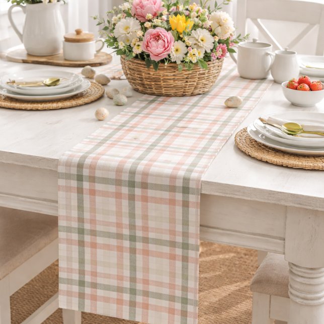 Soft Spring Plaid Table Runner Peach & Sage Green (Creator Uploaded)